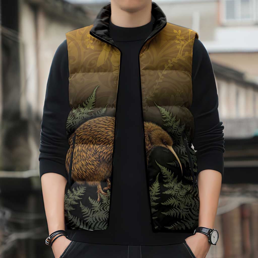 New Zealand Kiwi Bird Sleeveless Puffer Jacket Silver Fern Mix Maori Pattern