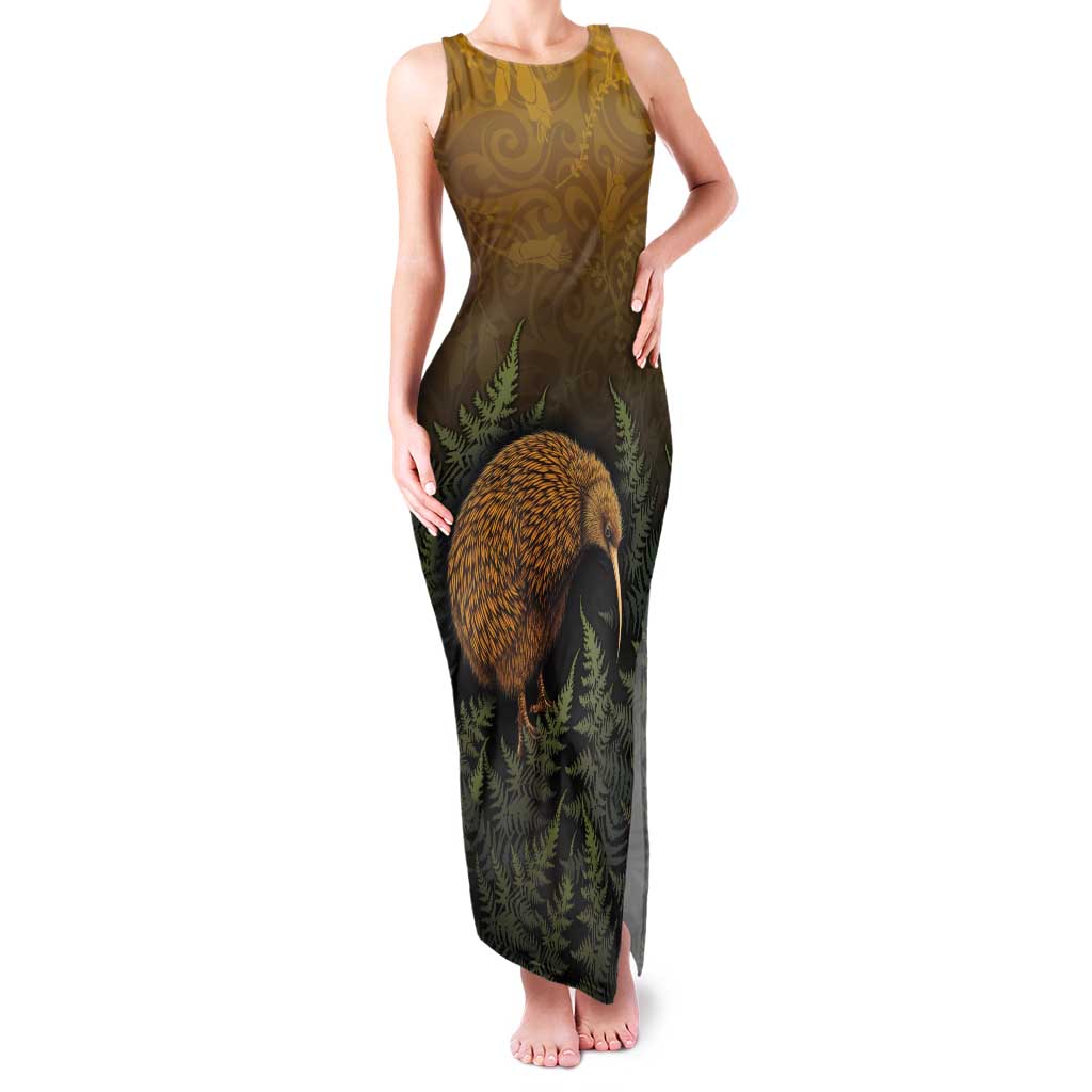 New Zealand Kiwi Bird Tank Maxi Dress Silver Fern Mix Maori Pattern