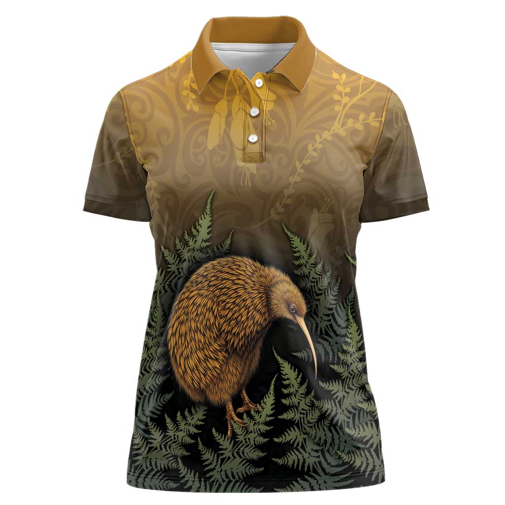 New Zealand Kiwi Bird Women Polo Shirt Silver Fern Mix Maori Pattern
