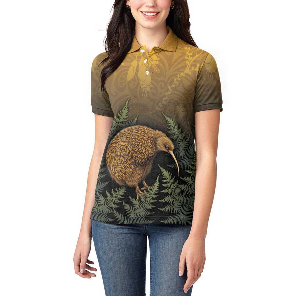 New Zealand Kiwi Bird Women Polo Shirt Silver Fern Mix Maori Pattern