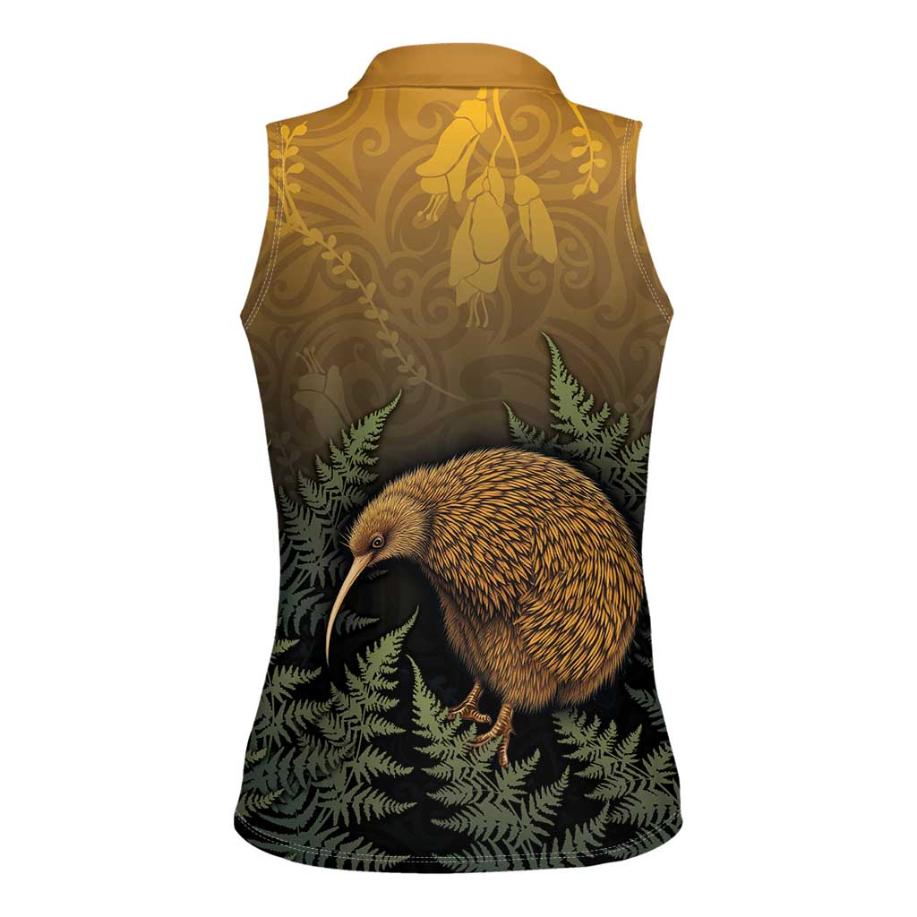 New Zealand Kiwi Bird Women Sleeveless Polo Shirt Silver Fern Mix Maori Pattern