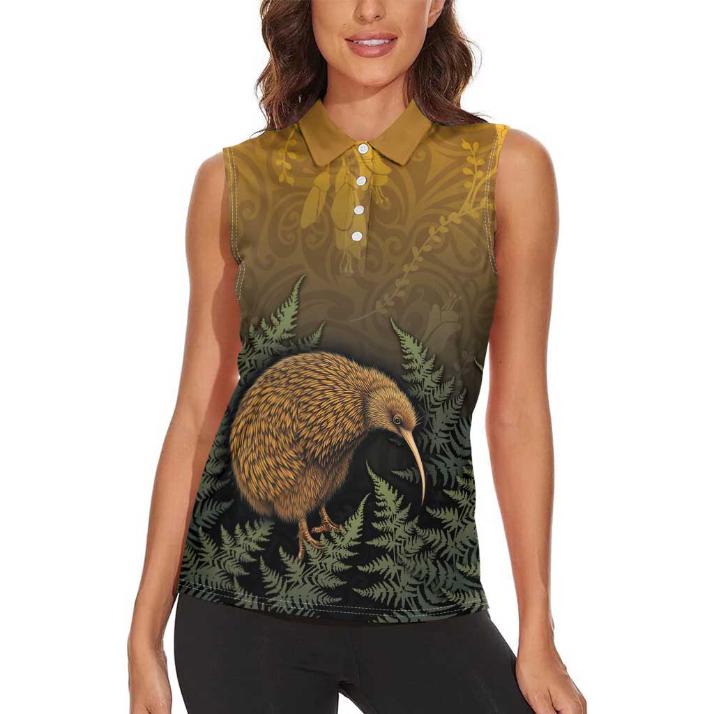 New Zealand Kiwi Bird Women Sleeveless Polo Shirt Silver Fern Mix Maori Pattern