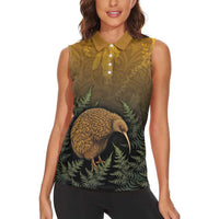 New Zealand Kiwi Bird Women Sleeveless Polo Shirt Silver Fern Mix Maori Pattern
