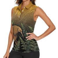 New Zealand Kiwi Bird Women Sleeveless Polo Shirt Silver Fern Mix Maori Pattern
