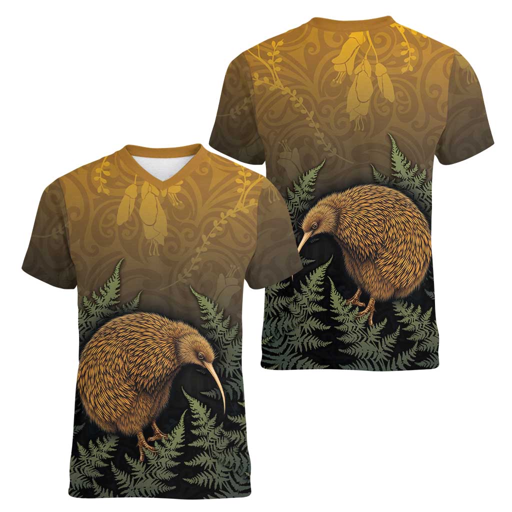 New Zealand Kiwi Bird Women V-Neck T-Shirt Silver Fern Mix Maori Pattern LT05 - Polynesian Pride