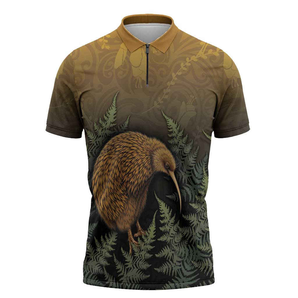 New Zealand Kiwi Bird Zipper Polo Shirt Silver Fern Mix Maori Pattern