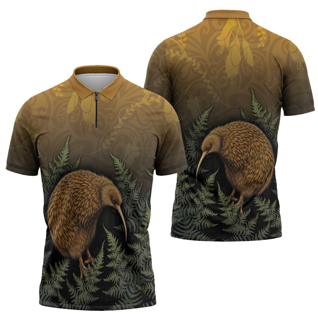 New Zealand Kiwi Bird Zipper Polo Shirt Silver Fern Mix Maori Pattern
