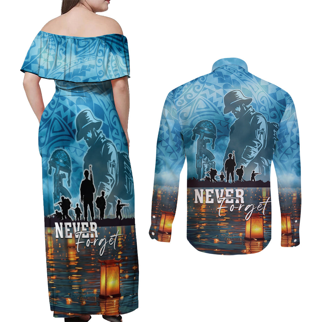Hawaii Memorial Day Lantern Floating Couples Matching Off Shoulder Maxi Dress and Long Sleeve Button Shirt Always In Our Hearts