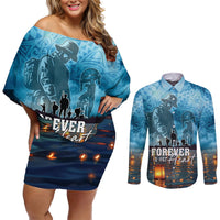 Hawaii Memorial Day Lantern Floating Couples Matching Off Shoulder Short Dress and Long Sleeve Button Shirt Always In Our Hearts LT05 Blue - Polynesian Pride