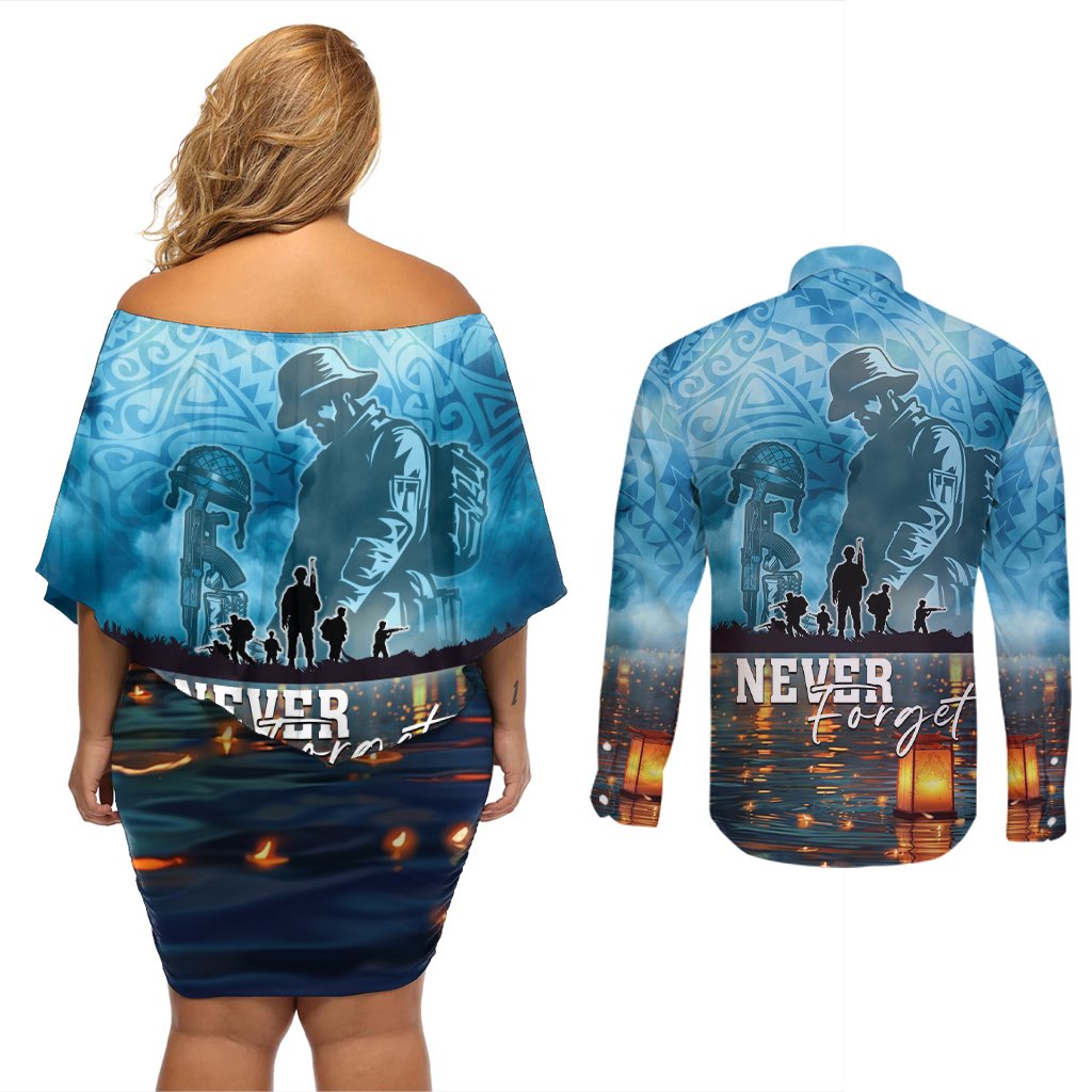 Hawaii Memorial Day Lantern Floating Couples Matching Off Shoulder Short Dress and Long Sleeve Button Shirt Always In Our Hearts LT05 - Polynesian Pride