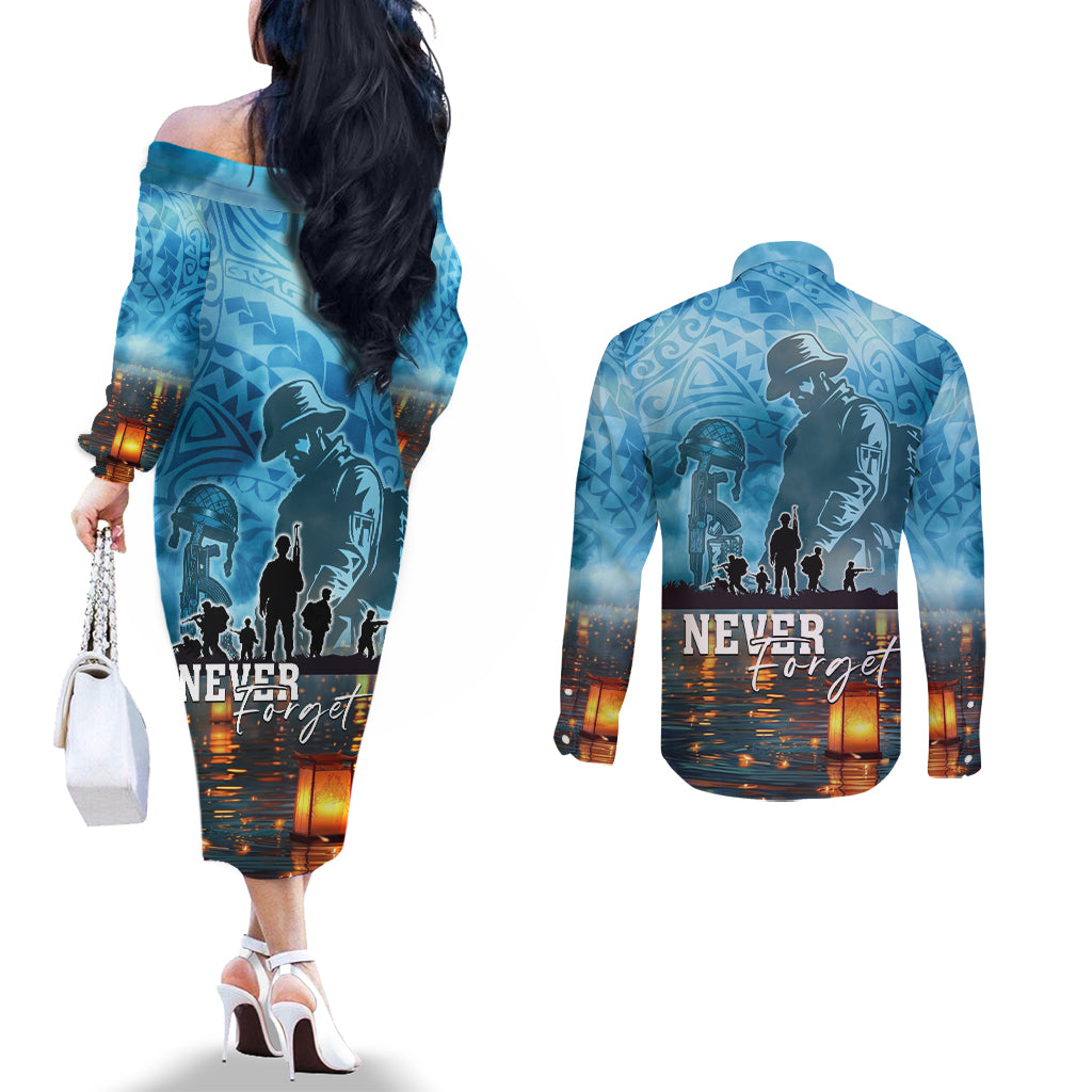 Hawaii Memorial Day Lantern Floating Couples Matching Off The Shoulder Long Sleeve Dress and Long Sleeve Button Shirt Always In Our Hearts LT05 - Polynesian Pride