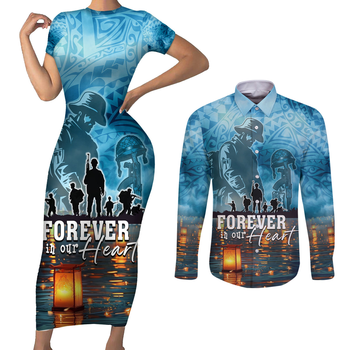 Hawaii Memorial Day Lantern Floating Couples Matching Short Sleeve Bodycon Dress and Long Sleeve Button Shirt Always In Our Hearts LT05 Blue - Polynesian Pride