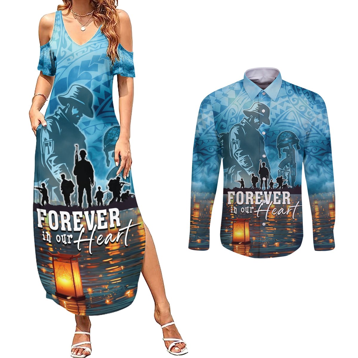 Hawaii Memorial Day Lantern Floating Couples Matching Summer Maxi Dress and Long Sleeve Button Shirt Always In Our Hearts LT05 Blue - Polynesian Pride