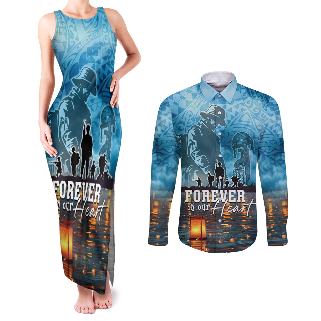 Hawaii Memorial Day Lantern Floating Couples Matching Tank Maxi Dress and Long Sleeve Button Shirt Always In Our Hearts LT05 Blue - Polynesian Pride