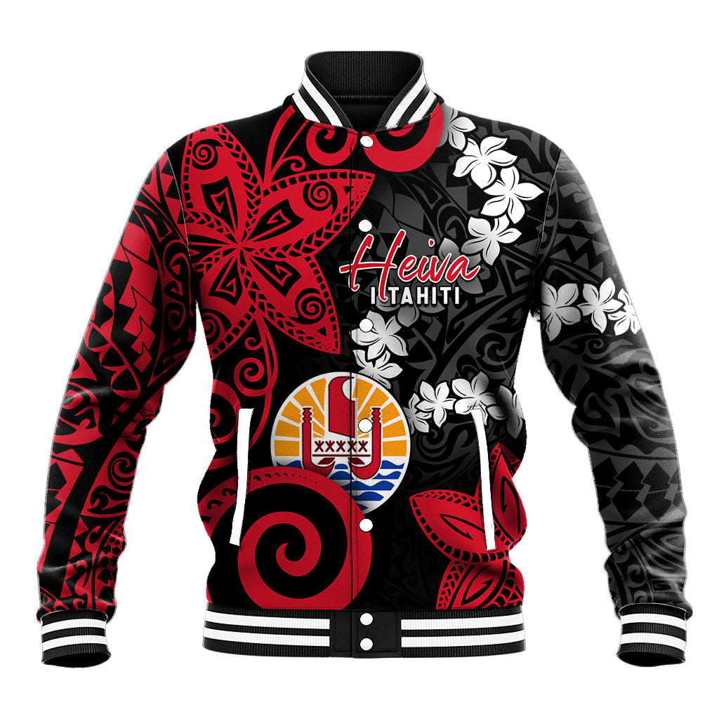 Tahiti Heiva Festival Baseball Jacket Floral Pattern With Coat Of Arms LT05 Unisex Black - Polynesian Pride