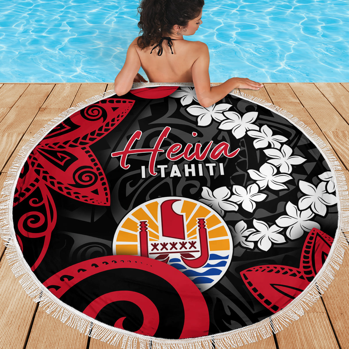 Tahiti Heiva Festival Beach Blanket Floral Pattern With Coat Of Arms