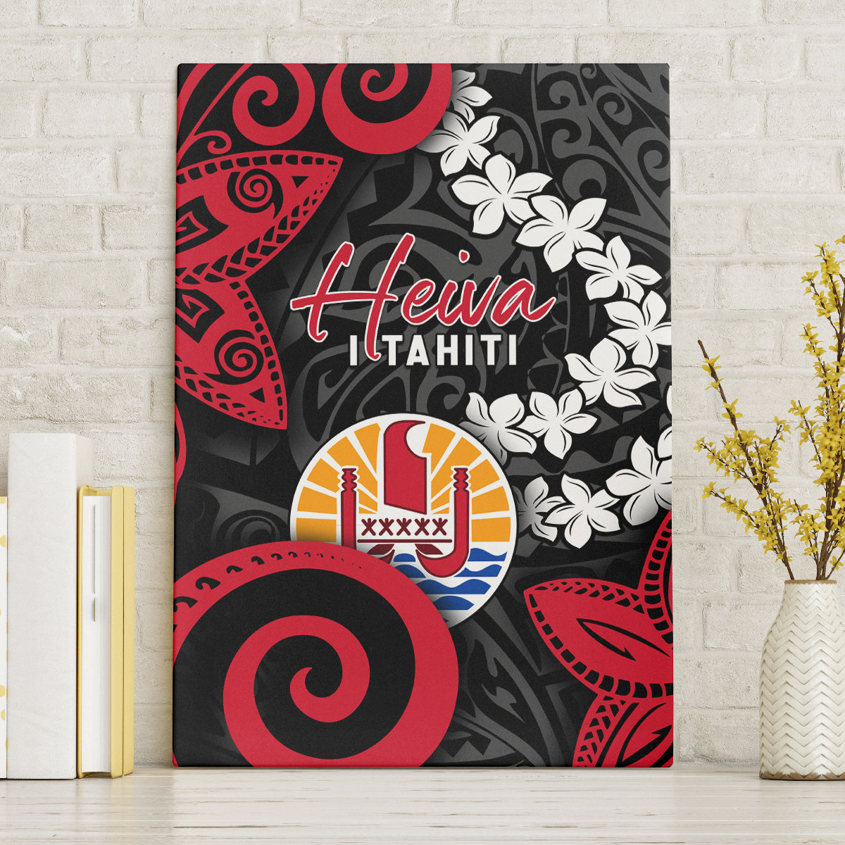Tahiti Heiva Festival Canvas Wall Art Floral Pattern With Coat Of Arms LT05 Without Frame Black - Polynesian Pride