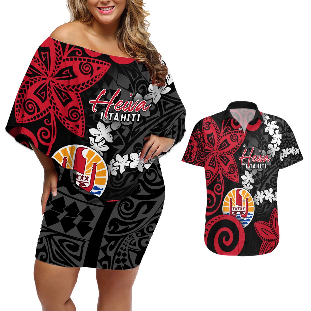 Tahiti Heiva Festival Couples Matching Off Shoulder Short Dress and Hawaiian Shirt Floral Pattern With Coat Of Arms LT05 Black - Polynesian Pride