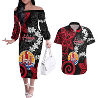 Tahiti Heiva Festival Couples Matching Off The Shoulder Long Sleeve Dress and Hawaiian Shirt Floral Pattern With Coat Of Arms LT05 Black - Polynesian Pride