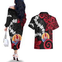 Tahiti Heiva Festival Couples Matching Off The Shoulder Long Sleeve Dress and Hawaiian Shirt Floral Pattern With Coat Of Arms LT05 - Polynesian Pride