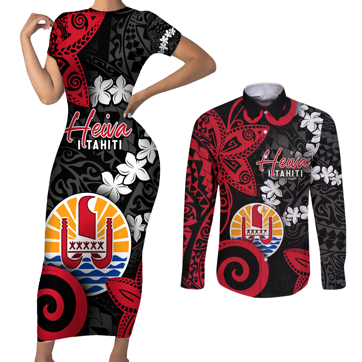 Tahiti Heiva Festival Couples Matching Short Sleeve Bodycon Dress and Long Sleeve Button Shirt Floral Pattern With Coat Of Arms LT05 Black - Polynesian Pride