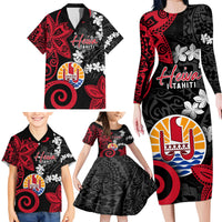 Tahiti Heiva Festival Family Matching Long Sleeve Bodycon Dress and Hawaiian Shirt Floral Pattern With Coat Of Arms LT05 - Polynesian Pride