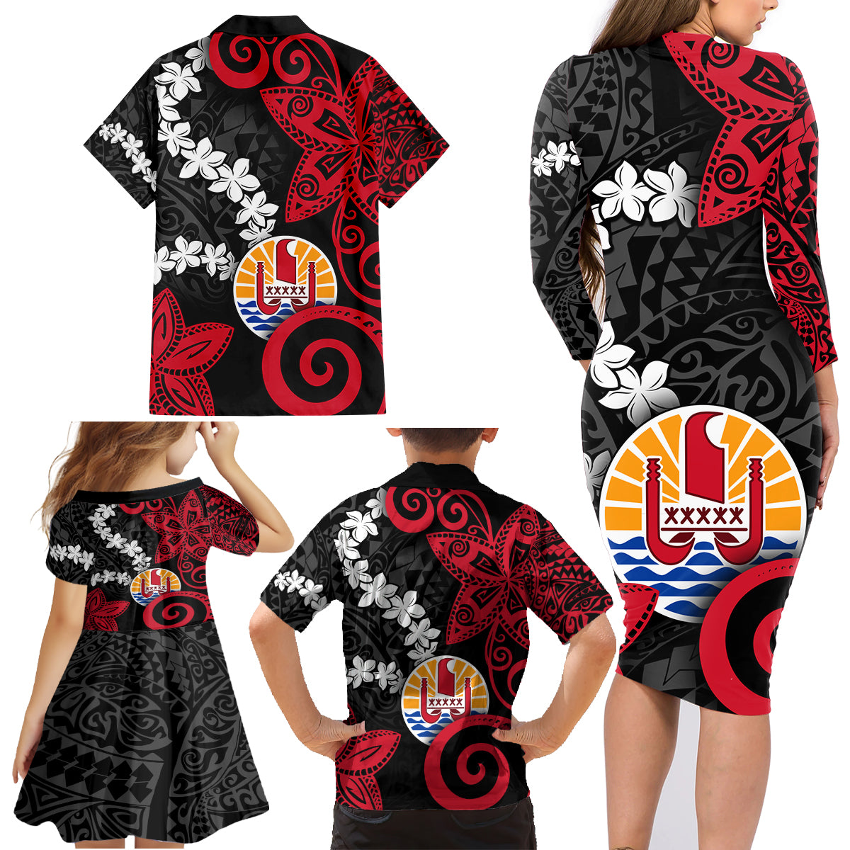 Tahiti Heiva Festival Family Matching Long Sleeve Bodycon Dress and Hawaiian Shirt Floral Pattern With Coat Of Arms LT05 - Polynesian Pride