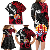Tahiti Heiva Festival Family Matching Long Sleeve Bodycon Dress and Hawaiian Shirt Floral Pattern With Coat Of Arms LT05 - Polynesian Pride