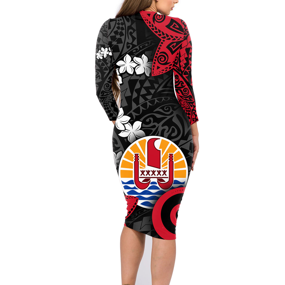 Tahiti Heiva Festival Family Matching Long Sleeve Bodycon Dress and Hawaiian Shirt Floral Pattern With Coat Of Arms LT05 - Polynesian Pride
