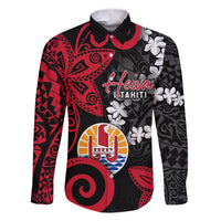 Tahiti Heiva Festival Family Matching Mermaid Dress and Hawaiian Shirt Floral Pattern With Coat Of Arms LT05 Dad's Shirt - Long Sleeve Black - Polynesian Pride