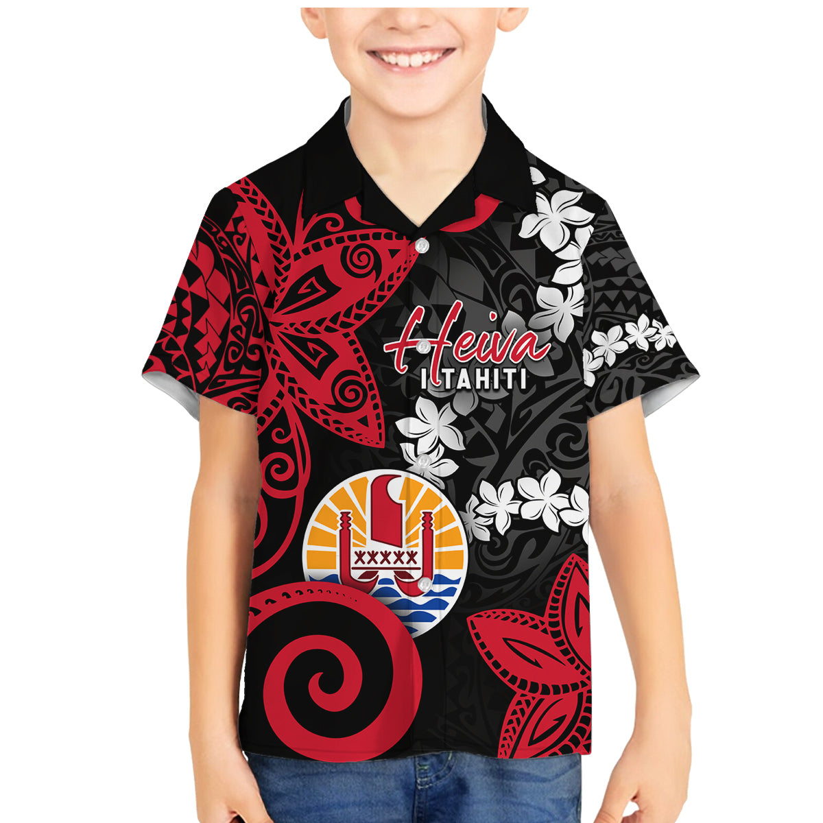 Tahiti Heiva Festival Family Matching Mermaid Dress and Hawaiian Shirt Floral Pattern With Coat Of Arms LT05 Son's Shirt Black - Polynesian Pride