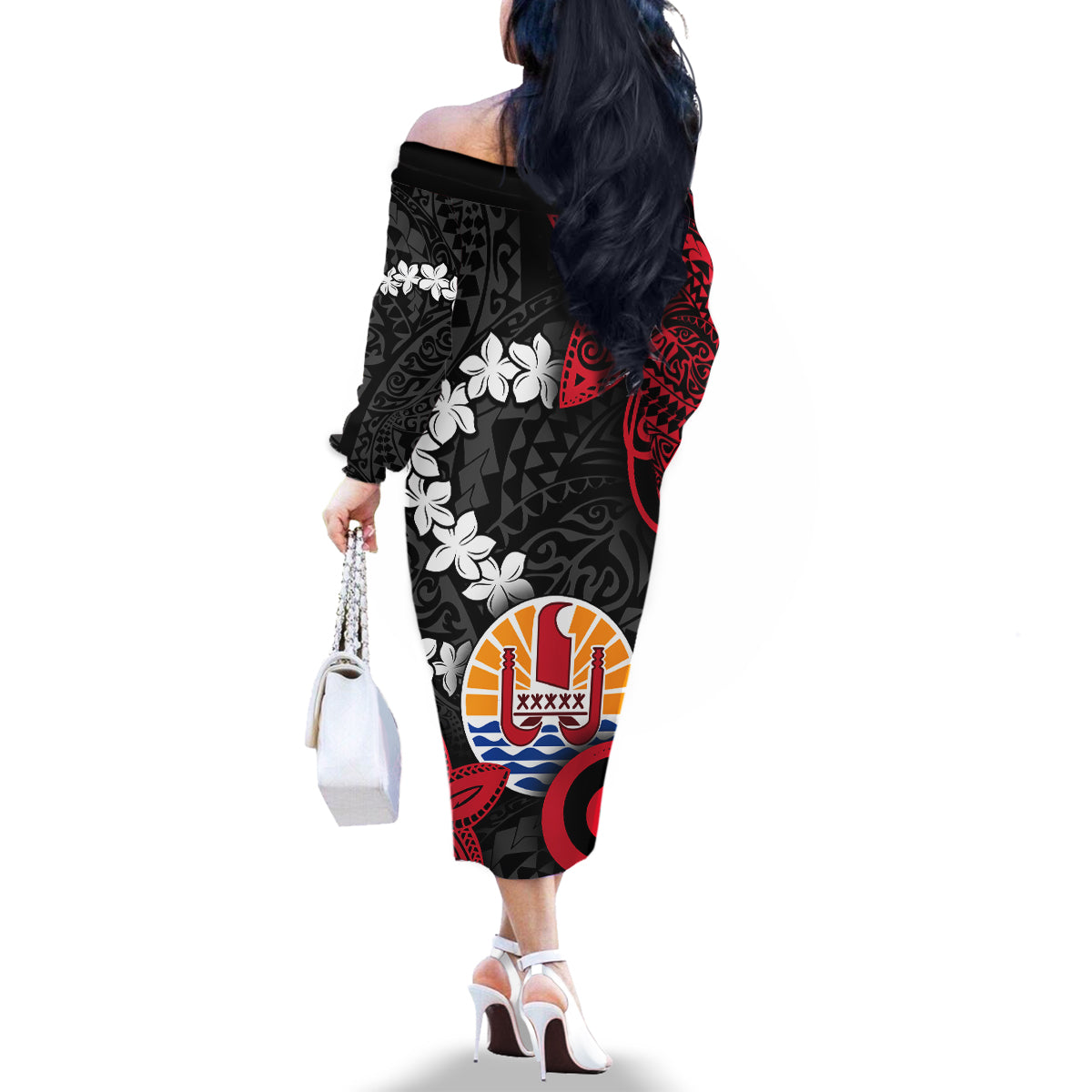 Tahiti Heiva Festival Family Matching Off The Shoulder Long Sleeve Dress and Hawaiian Shirt Floral Pattern With Coat Of Arms LT05 - Polynesian Pride