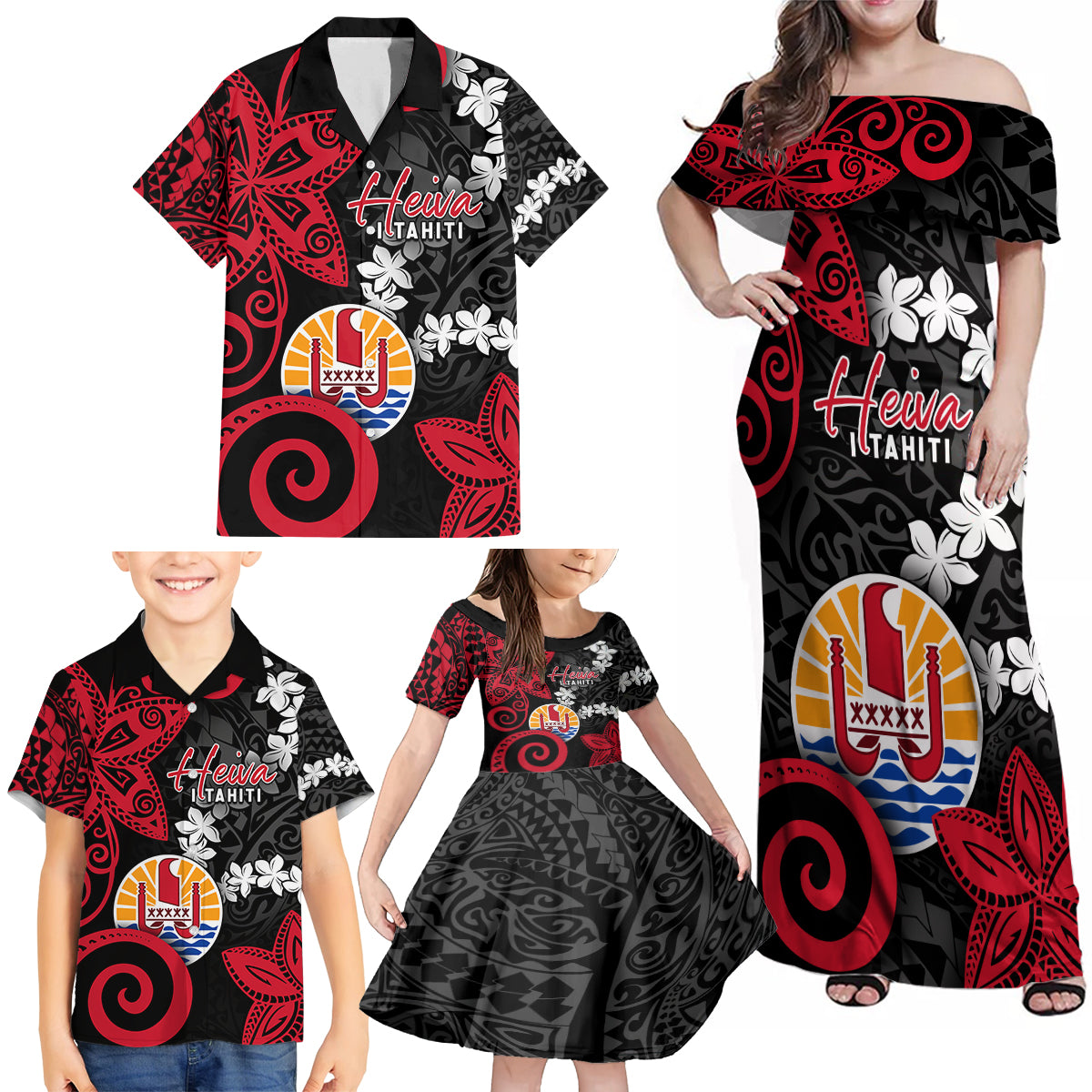 Tahiti Heiva Festival Family Matching Off Shoulder Maxi Dress and Hawaiian Shirt Floral Pattern With Coat Of Arms LT05 - Polynesian Pride