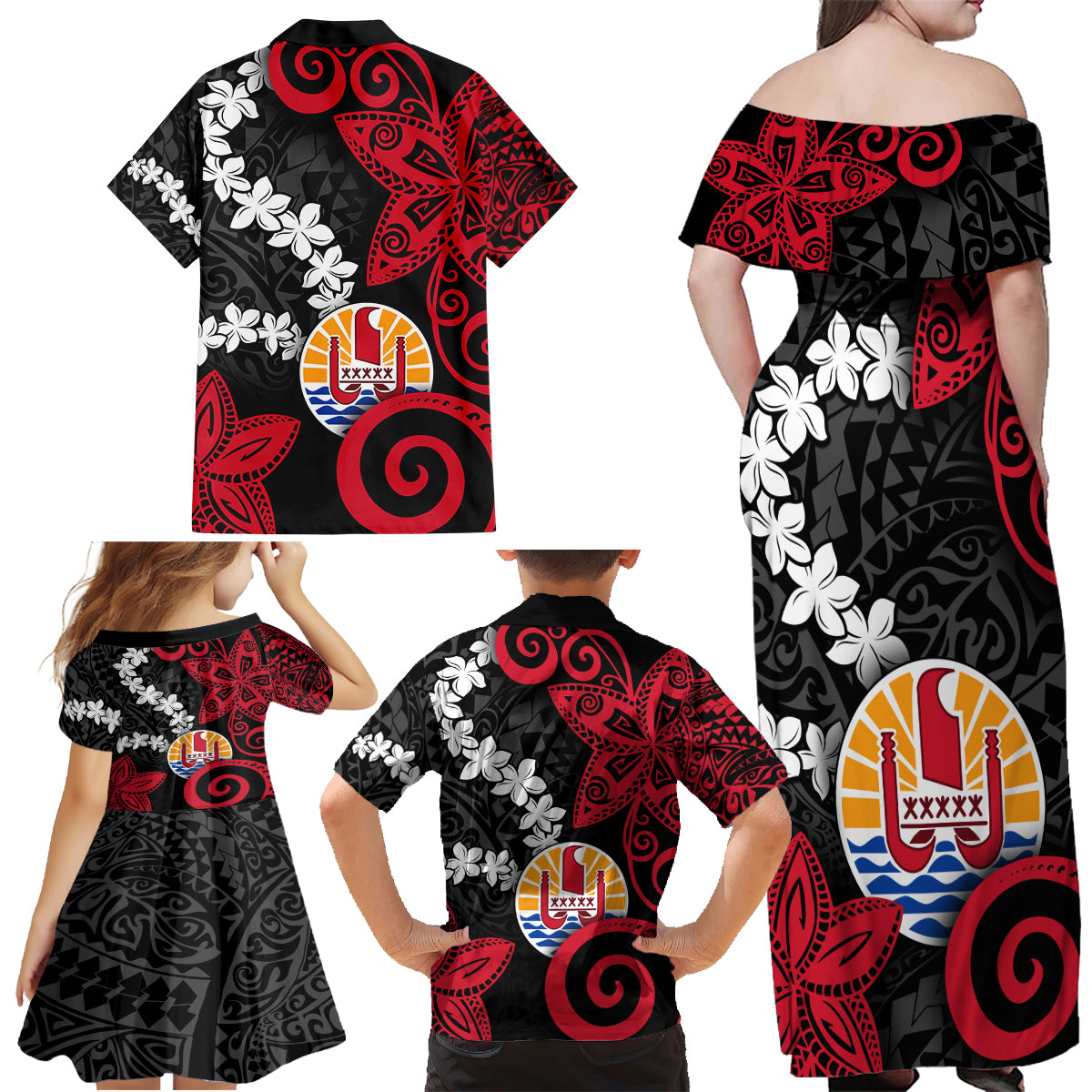 Tahiti Heiva Festival Family Matching Off Shoulder Maxi Dress and Hawaiian Shirt Floral Pattern With Coat Of Arms LT05 - Polynesian Pride