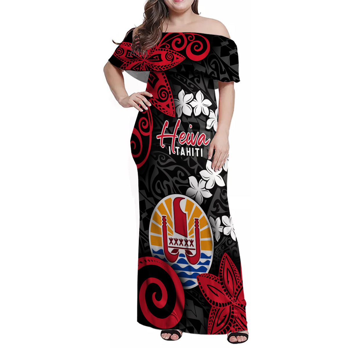 Tahiti Heiva Festival Family Matching Off Shoulder Maxi Dress and Hawaiian Shirt Floral Pattern With Coat Of Arms LT05 Mom's Dress Black - Polynesian Pride