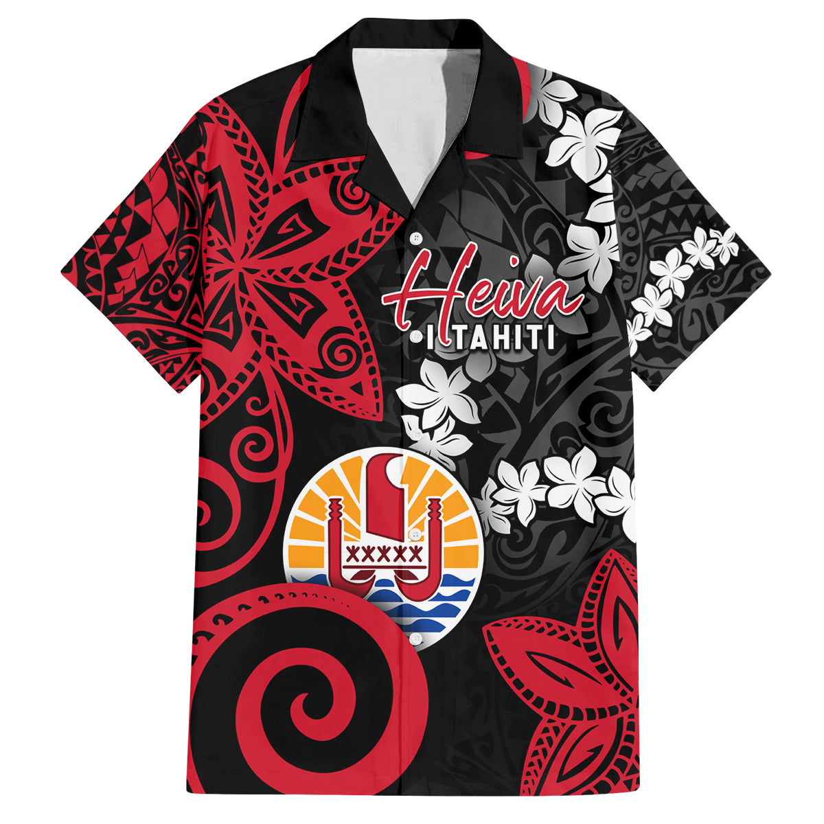 Tahiti Heiva Festival Family Matching Puletasi and Hawaiian Shirt Floral Pattern With Coat Of Arms LT05 Dad's Shirt - Short Sleeve Black - Polynesian Pride