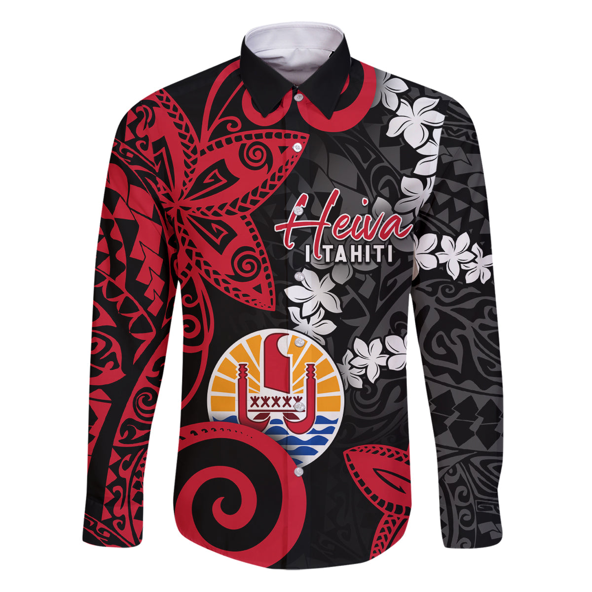 Tahiti Heiva Festival Family Matching Puletasi and Hawaiian Shirt Floral Pattern With Coat Of Arms LT05 Dad's Shirt - Long Sleeve Black - Polynesian Pride