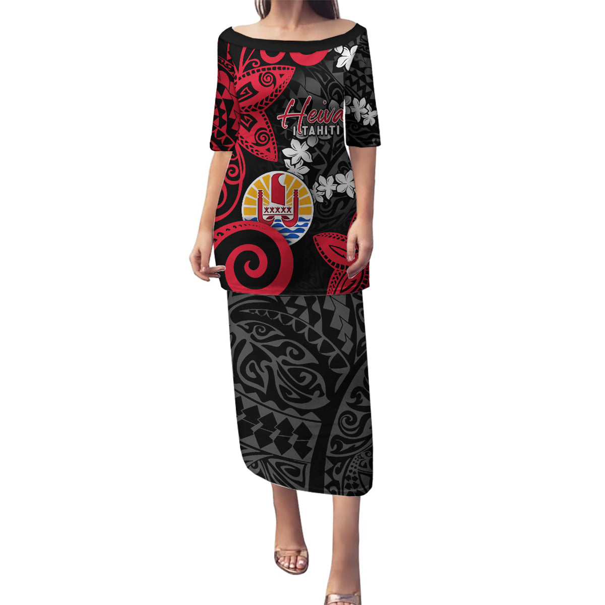 Tahiti Heiva Festival Family Matching Puletasi and Hawaiian Shirt Floral Pattern With Coat Of Arms LT05 Mom's Dress Black - Polynesian Pride