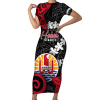 Tahiti Heiva Festival Family Matching Short Sleeve Bodycon Dress and Hawaiian Shirt Floral Pattern With Coat Of Arms LT05 Mom's Dress Black - Polynesian Pride