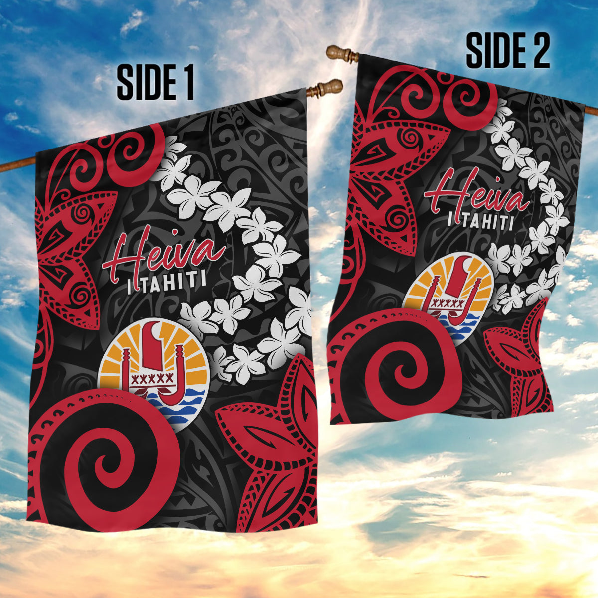 Tahiti Heiva Festival Garden Flag Floral Pattern With Coat Of Arms