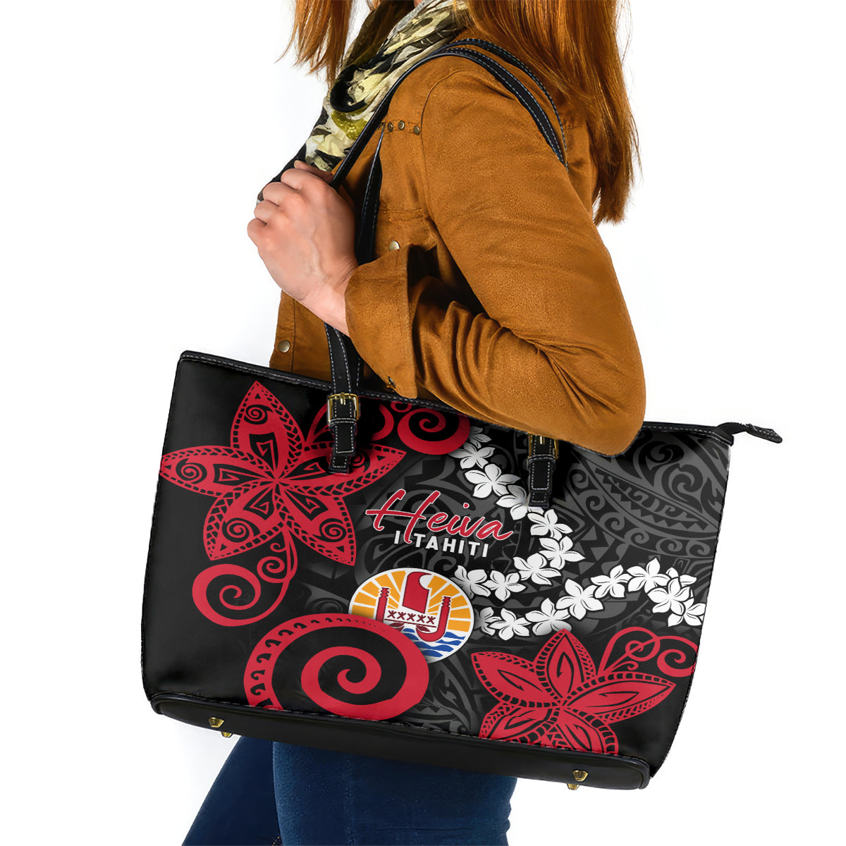 Tahiti Heiva Festival Leather Tote Bag Floral Pattern With Coat Of Arms LT05 Black - Polynesian Pride