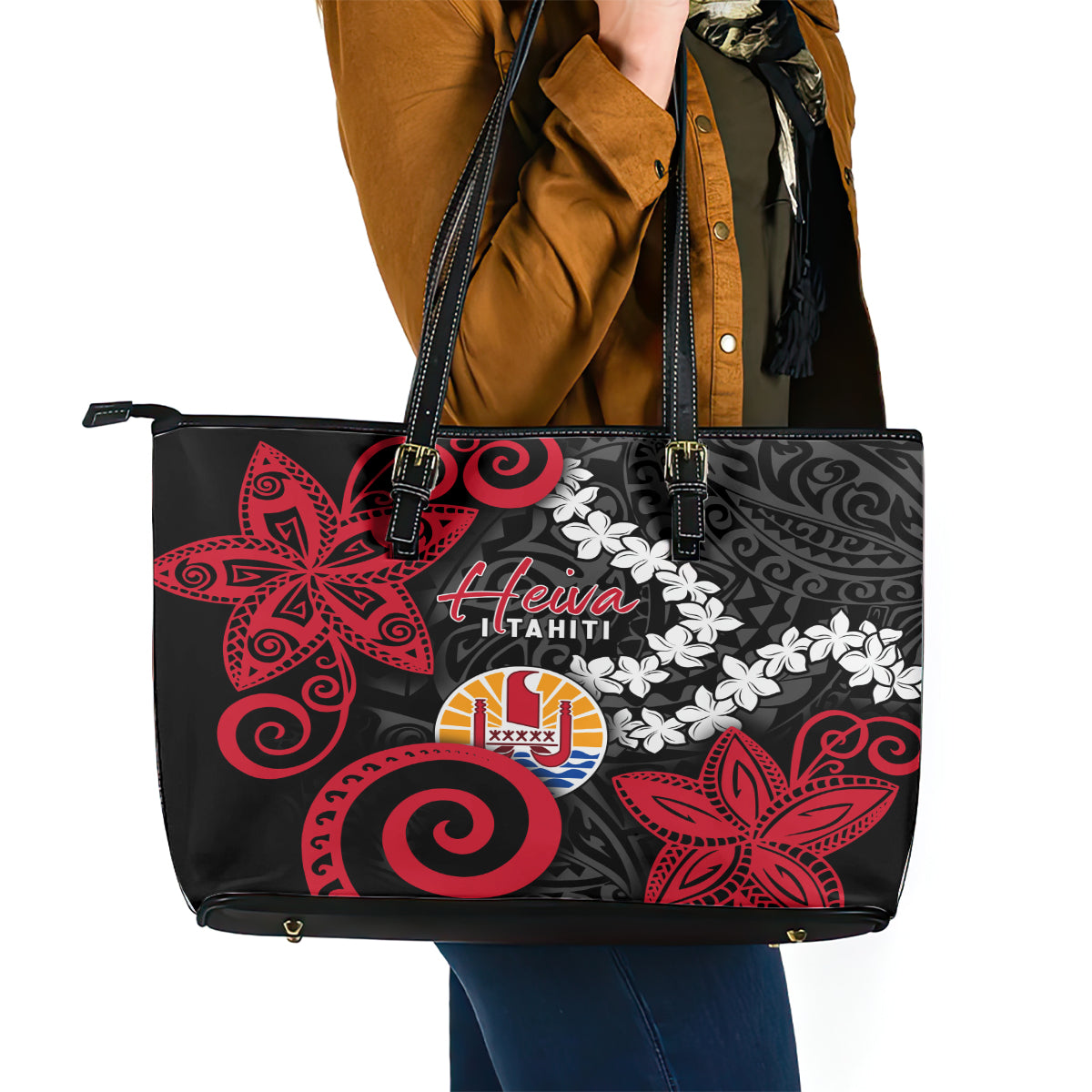 Tahiti Heiva Festival Leather Tote Bag Floral Pattern With Coat Of Arms LT05 - Polynesian Pride