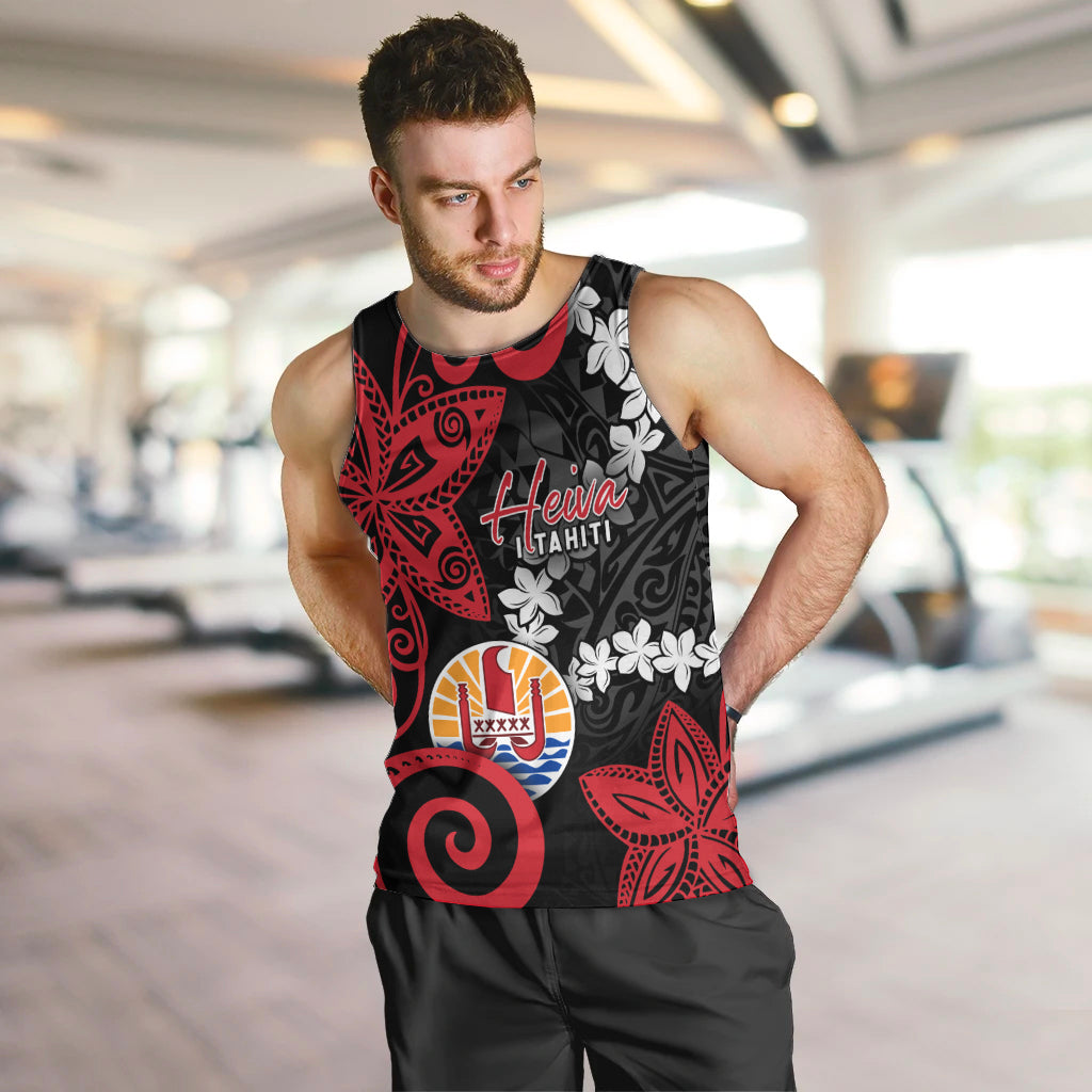 Tahiti Heiva Festival Men Tank Top Floral Pattern With Coat Of Arms LT05 Black - Polynesian Pride