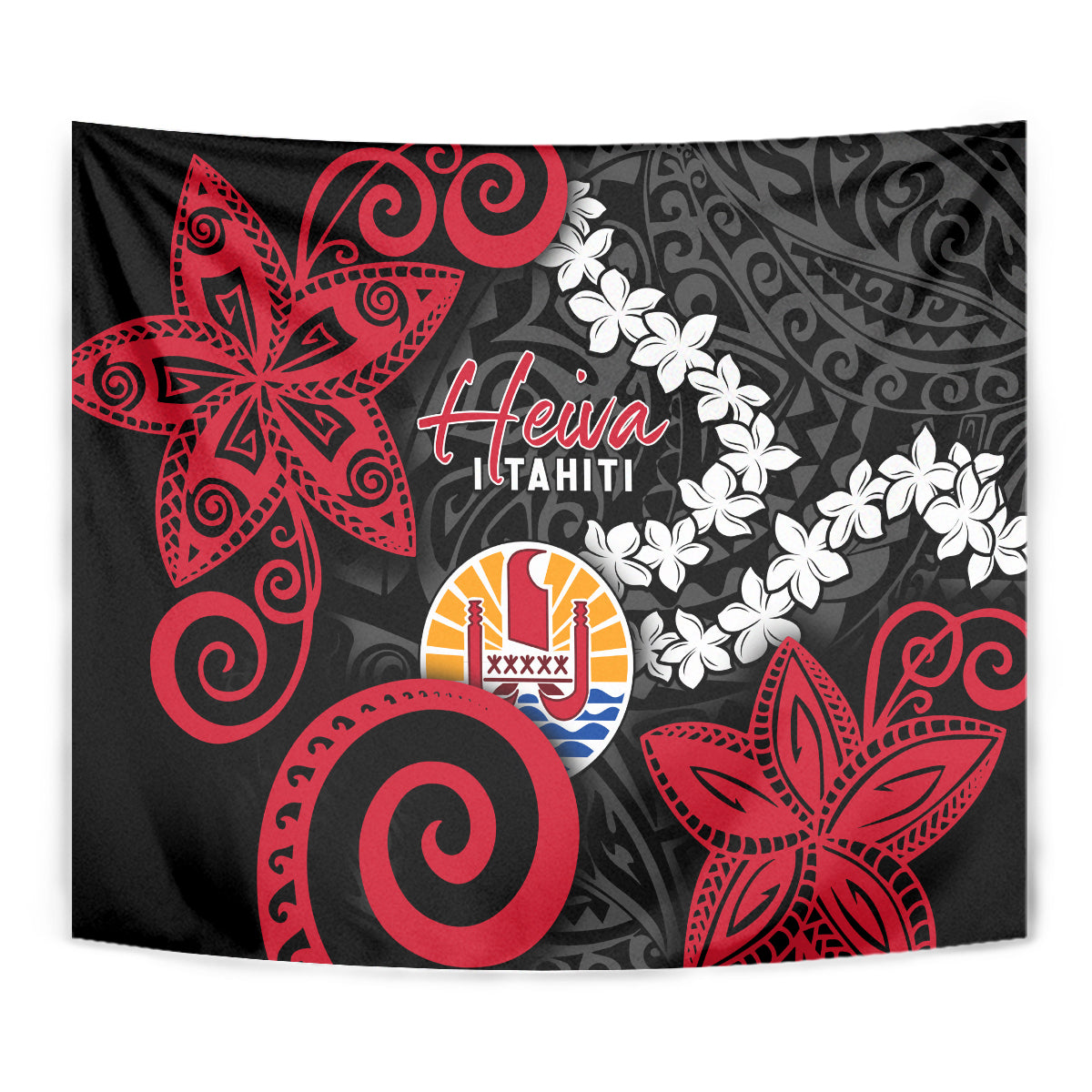 Tahiti Heiva Festival Tapestry Floral Pattern With Coat Of Arms