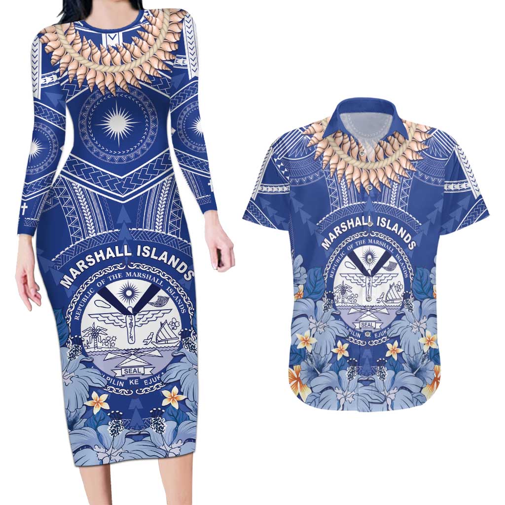 Marshall Islands Jemenei Day Couples Matching Long Sleeve Bodycon Dress and Hawaiian Shirt Polynesian Tribal Tattoo Seashell Necklace LT05 Blue - Polynesian Pride