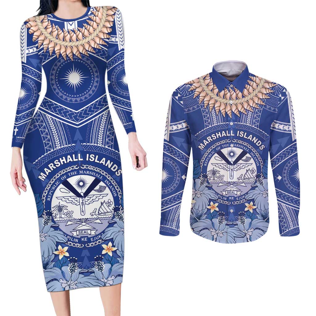 Marshall Islands Jemenei Day Couples Matching Long Sleeve Bodycon Dress and Long Sleeve Button Shirt Polynesian Tribal Tattoo Seashell Necklace LT05 Blue - Polynesian Pride