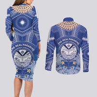 Marshall Islands Jemenei Day Couples Matching Long Sleeve Bodycon Dress and Long Sleeve Button Shirt Polynesian Tribal Tattoo Seashell Necklace LT05 - Polynesian Pride