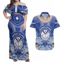 Marshall Islands Jemenei Day Couples Matching Off Shoulder Maxi Dress and Hawaiian Shirt Polynesian Tribal Tattoo Seashell Necklace LT05 Blue - Polynesian Pride