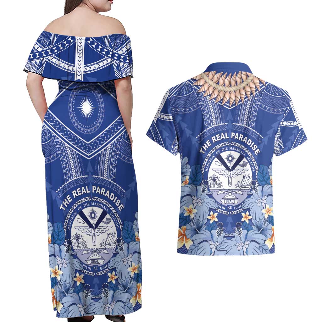 Marshall Islands Jemenei Day Couples Matching Off Shoulder Maxi Dress and Hawaiian Shirt Polynesian Tribal Tattoo Seashell Necklace LT05 - Polynesian Pride