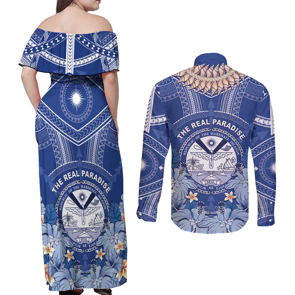 Marshall Islands Jemenei Day Couples Matching Off Shoulder Maxi Dress and Long Sleeve Button Shirt Polynesian Tribal Tattoo Seashell Necklace LT05 - Polynesian Pride
